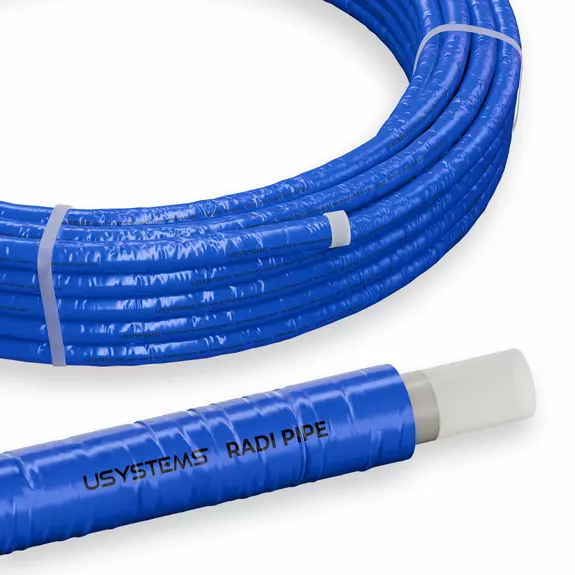 Usystems: Труба Radi Pipe PN10 16x2,2 в теплоизоляции 13 мм синей бухта 50м  USYSTEMS, Цвет: синий, Давление: 10, Диаметр PEX труб и аксессуаров: 16, Длина трубы PEX: 50, Толщина теплоизоляции трубы: 13 Европейское качество